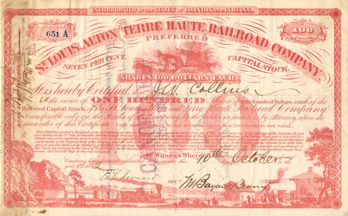 St. Louis, Alton and Terre Haute Railroad Co. - Railway Stock Certificate
